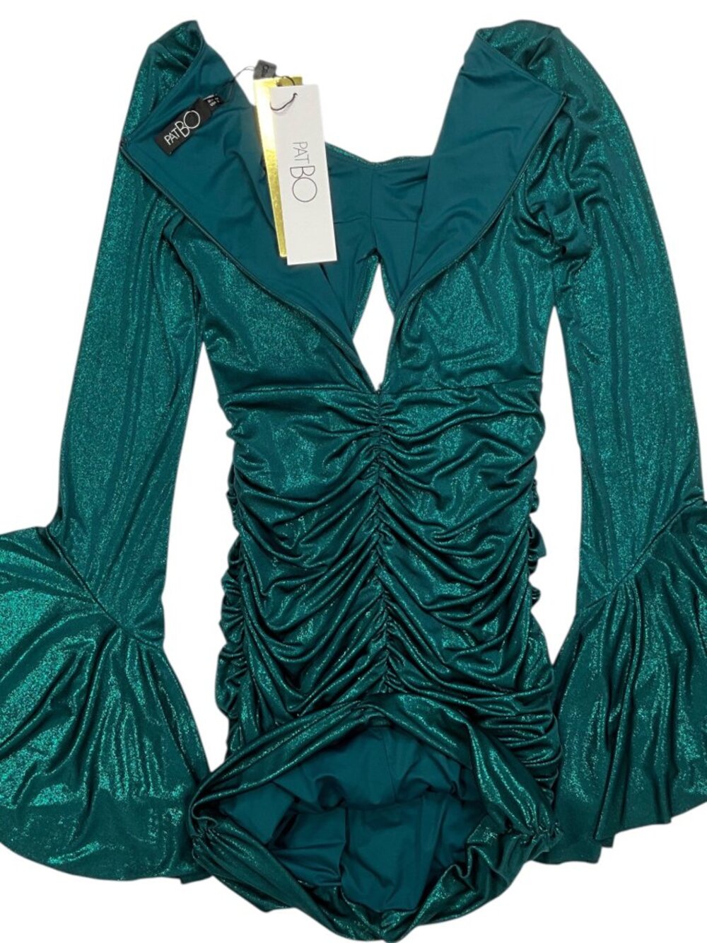 PatBo Jersey Foil Dress 8 Emerald Metallic Dark Green Mini Bodycon NEW - Picture 6 of 16